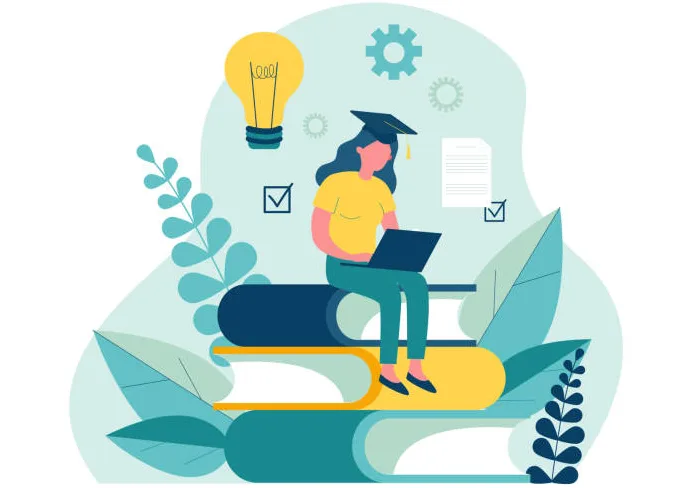 Student girl wearing graduation cap, studying with laptop. Young woman sitting on stack of books, getting knowledge online. Vector illustration for e-learning, internet course, school concept