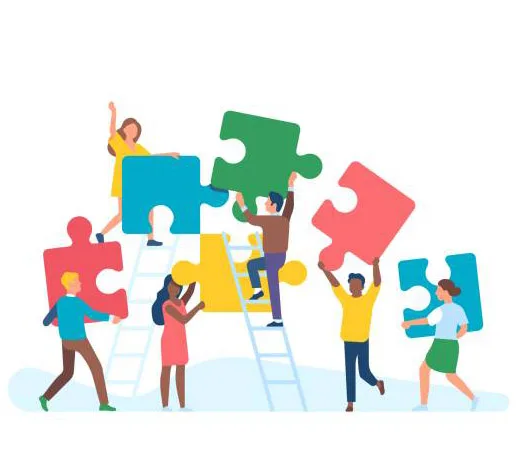 Tiny people with puzzle. Men and women collect large color puzzle pieces, office teamwork, work optimization, common affair, business teambuilding for employee, vector cartoon flat isolated concept